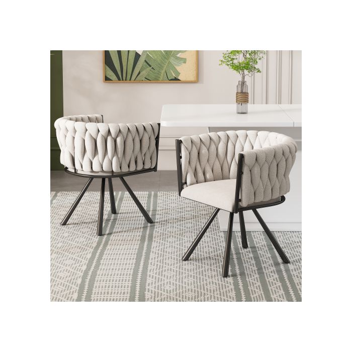 Chaises de salle à manger en lin, ensemble de 6, avec quatre pieds en métal, tissu de lin beige et noir