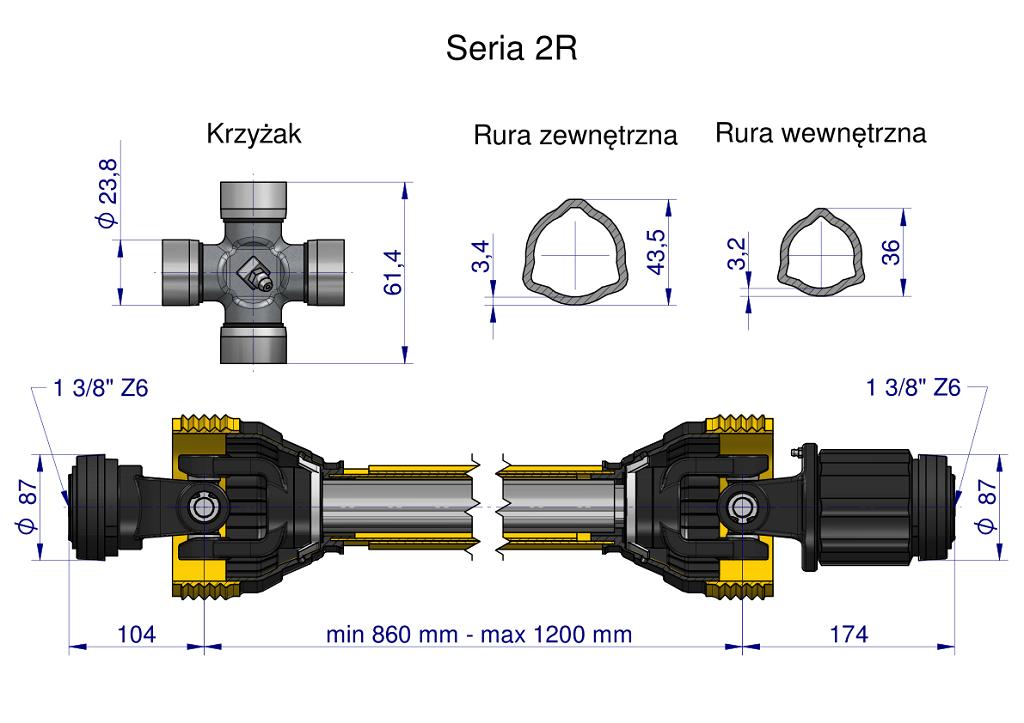 Telescopic PTO Shaft 860-1200mm 270Nm Ratchet Clutch CE 2020 Series 2R WARYŃSKI