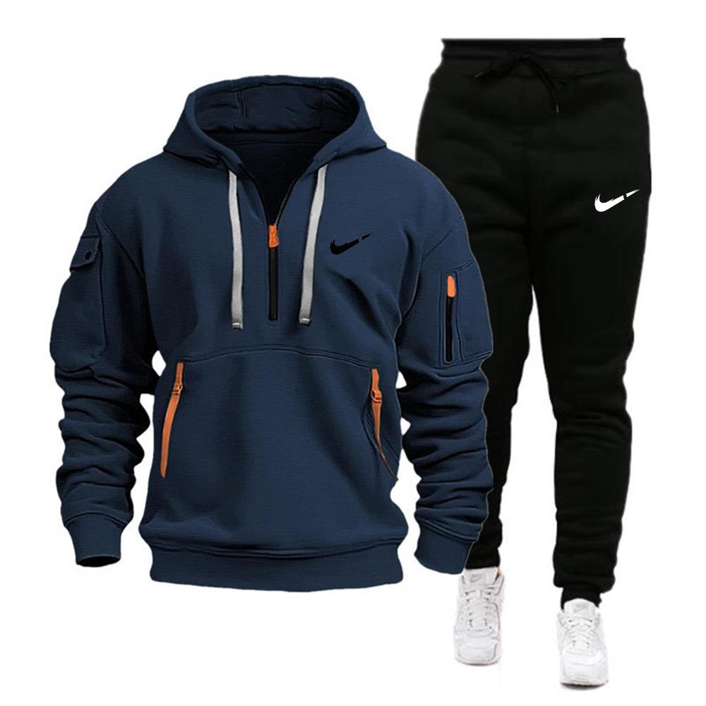 Autumn and winter new men's hoodie fashion casual men's suit trendy zipper multi-pocket fleece suit