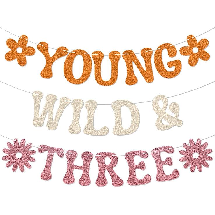 Young Wild & Three Banner - Three Groovy Birthday Decor, Girl 3rd Bday Banner, Boho Retro Groovy Birthday Party Decoration