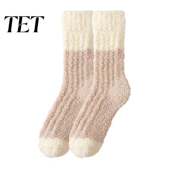 Heat Retaining Lounge Socks Thickened Long Plush for Women, Warm Coral Fleece Socks, Winter Home Foot Warmers Thermal Sleep Anti-static Contrast Color
