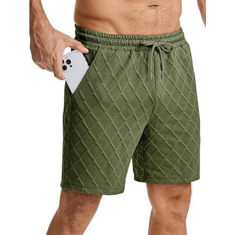 Mens Casual Elastic Waist Drawstring Argyle Texture Shorts