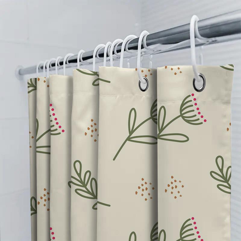 Modern Floral Bathroom Shower Curtain Set Decorative Water-Proof Printing Home Bath Mat Cream Color With Green Branches And Red