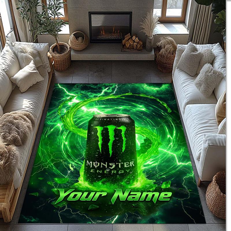 Tappeto Monster Energy Crystal Velvet, Tappetino Antiscivolo Personalizzato con Nome Testo per Arredamento Casa Regalo