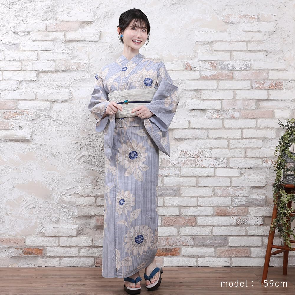 Kyoto Kimono Yuzen Yukata and Obi Set Floral Print Summer Kimono Blue Women's (2-Piece Set) (Light Sunflower)