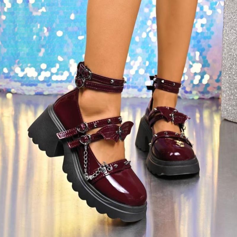 

Fashion Square Heel Single Shoes Autumn New Round Toe Shallow Mouth One Slip with Rivet Metal Buckle Platform Non-Slip High Heels 40