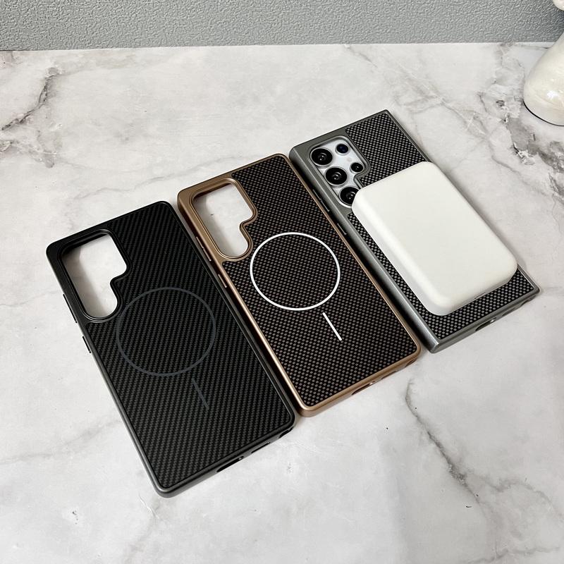 Carbon Fiber Texture Magnetic Phone Case For Samsung S25 Ultra S24 FE S23 Plus Wireless Charge Shockproof Hard PC Bumper Cover