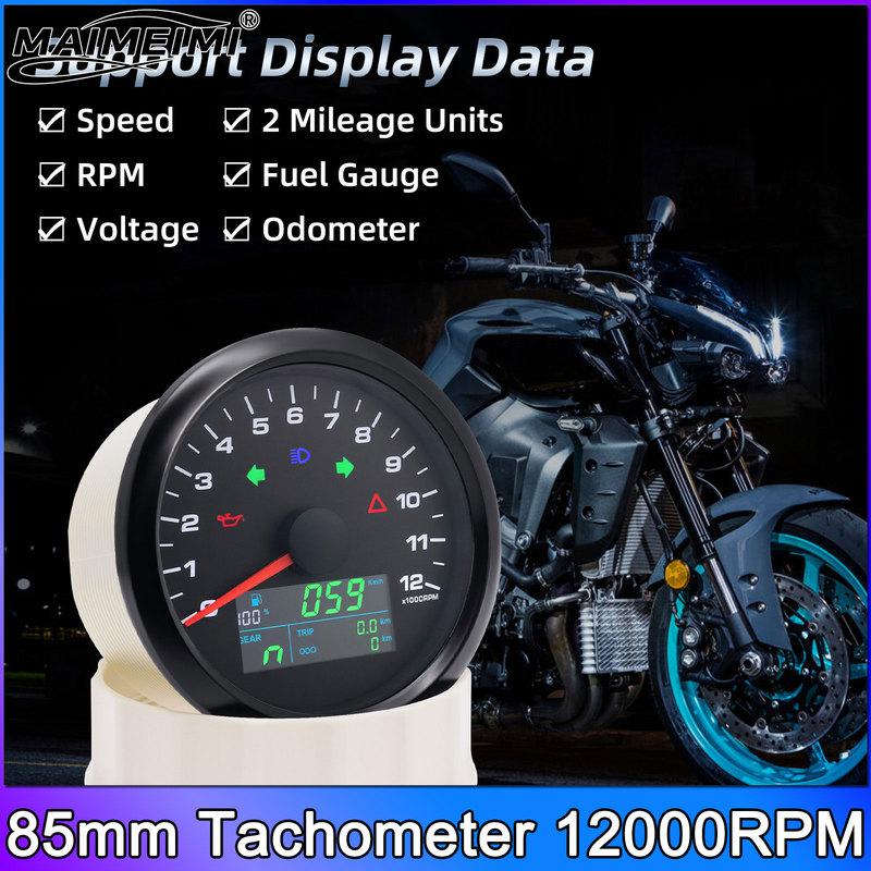 Tachometer & Fuel Gauge 0~12000RPM 85mm Motorbike GPS Speedometer IP67 Waterproof Tachometer Voltmeter 12V/24V Black ized