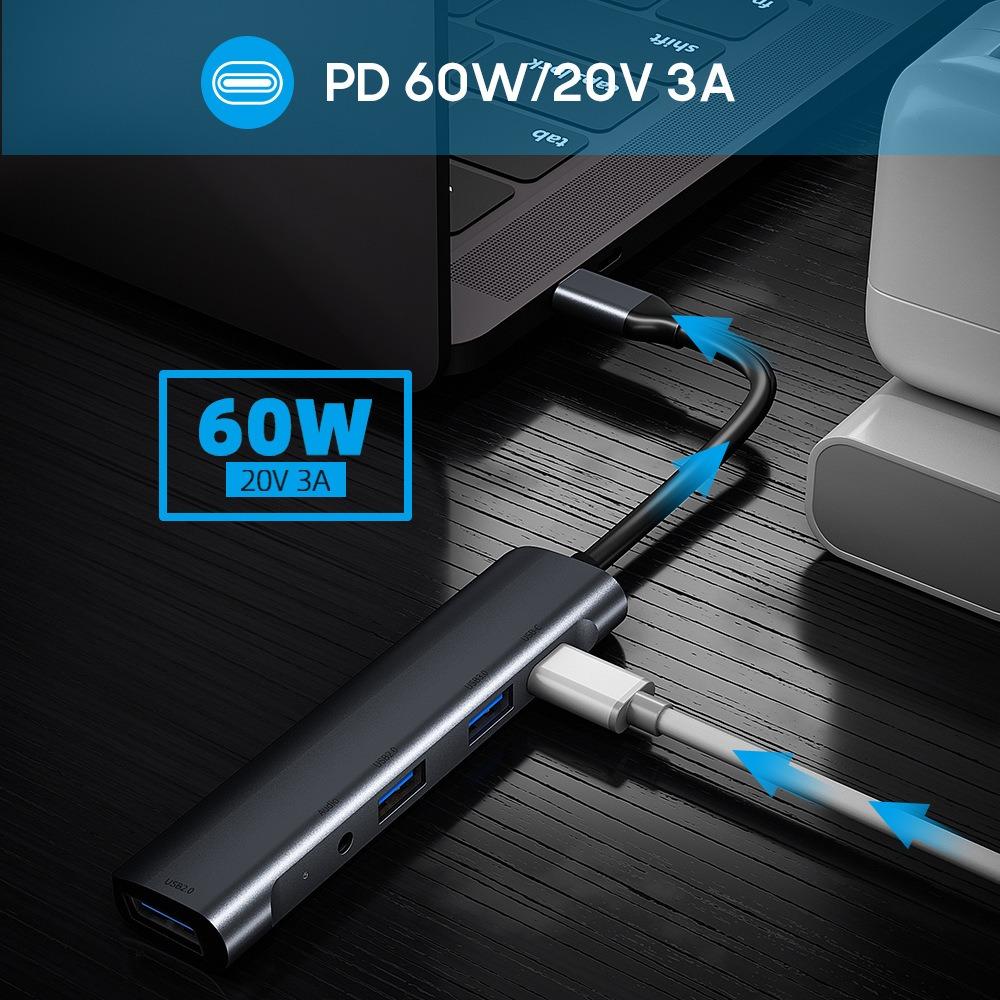 5 In 1 Type C Hub PD60W Fast Charging 35mm Mic Dock for Laptop Tablet