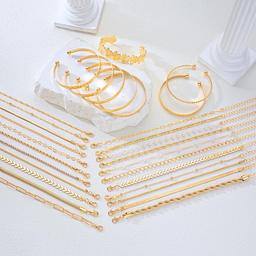 30Pcs Gold Color Stackable Bracelet Set For Women Flower Pearl Chain Textured Cuban Link Bracelets Trendy Layered Jewelry Gifts