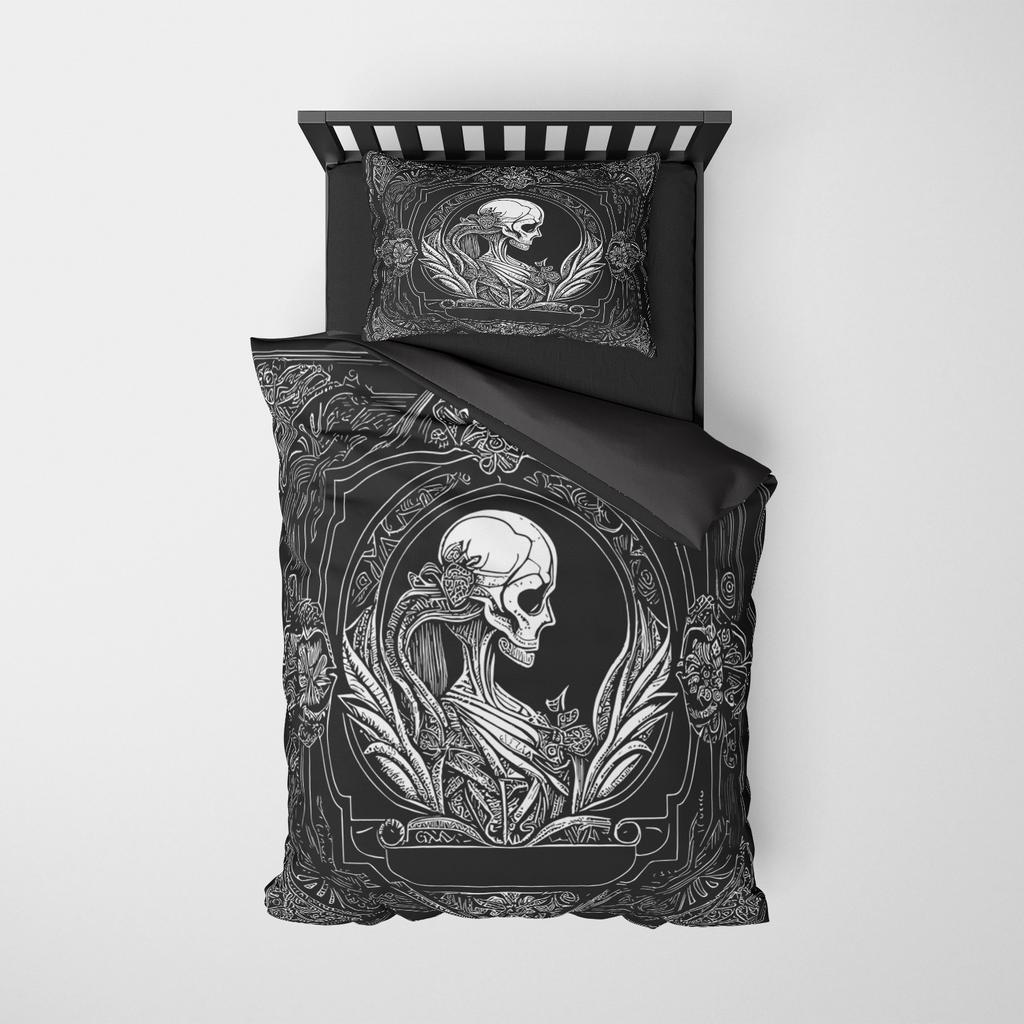 Skull & Skeleton Gothic Vintage Duvet Cover Set 200x200cm King Size Bedding Set Halloween Home Decor Boho Dark Fantasy Bed Set