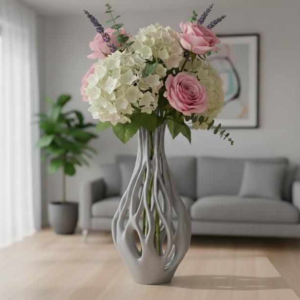 Jarrón decorativo gris calado para flores, elegante efecto telaraña