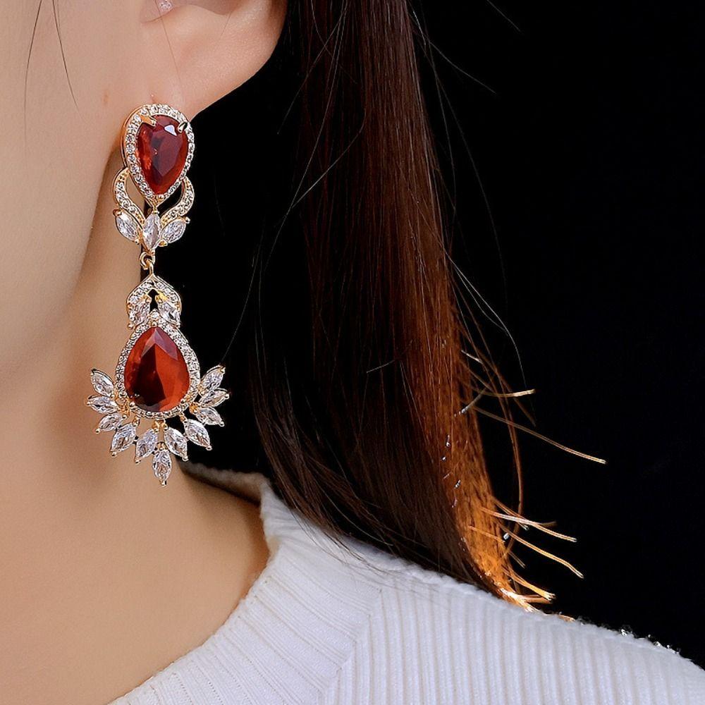 Silver Needle Zircon Flower Drop Earrings Crystal Pendant Stud Earrings  Wedding