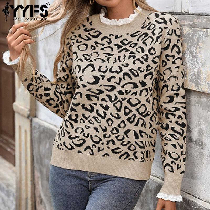 YYFS Damenmode Casual Herbst Winter Leopard Print Langarm O-Ausschnitt Pullover