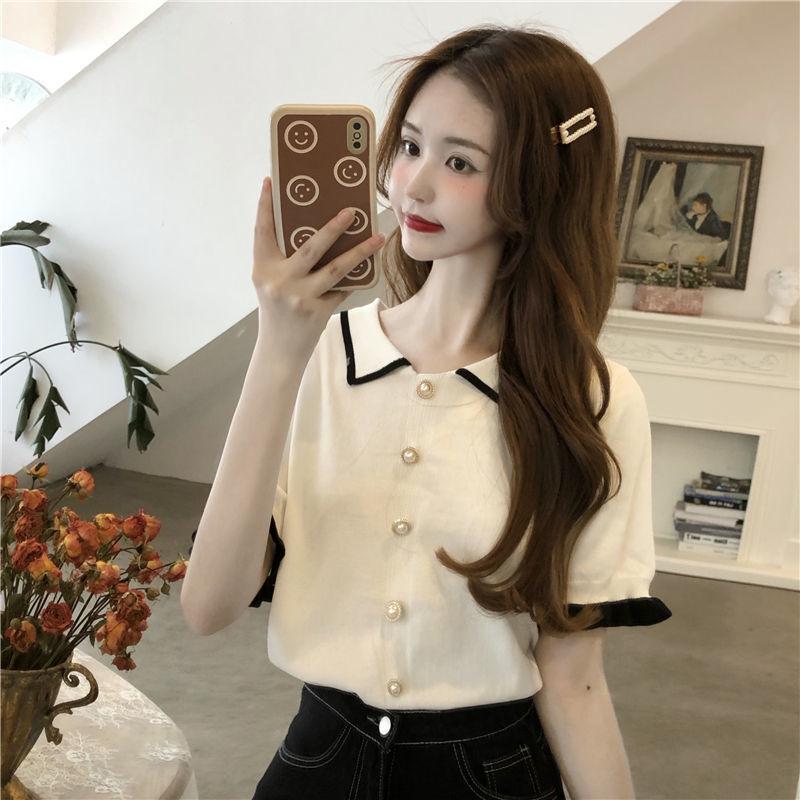 Women's Short Sleeve Lace Knit Top - Color Block, Gentle Summer Doll Style
