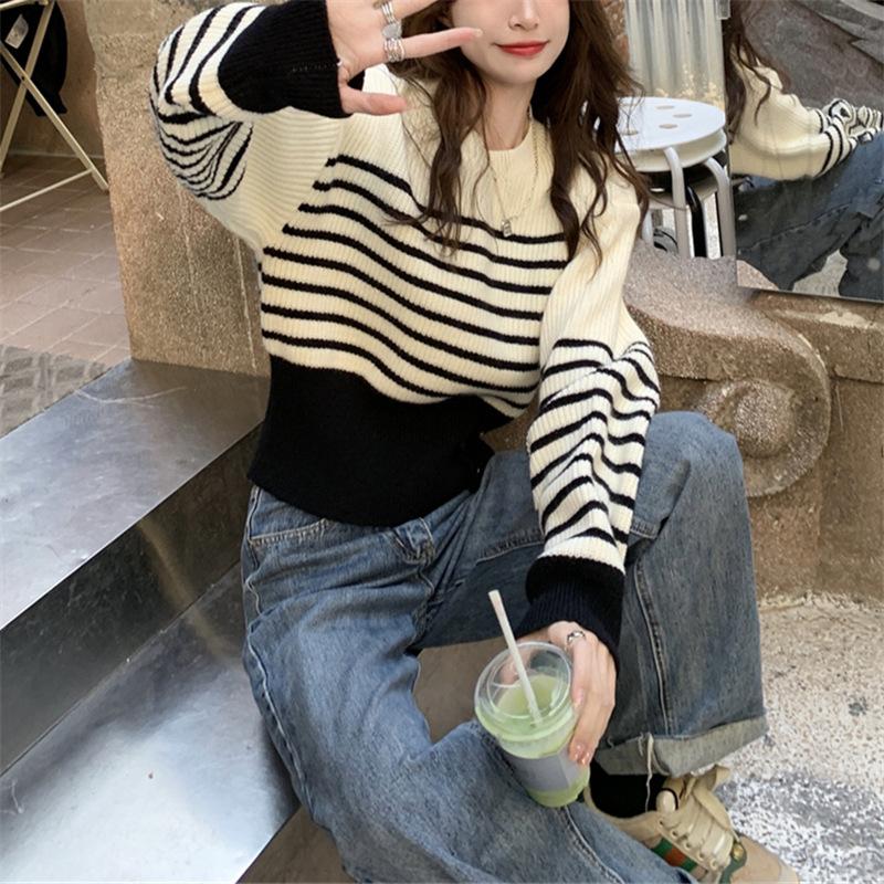 Chic Autumn and Winter Pullover Round Neck Thick Women's Knitwear All-match Loose Striped Long-sleeved Sweater Women