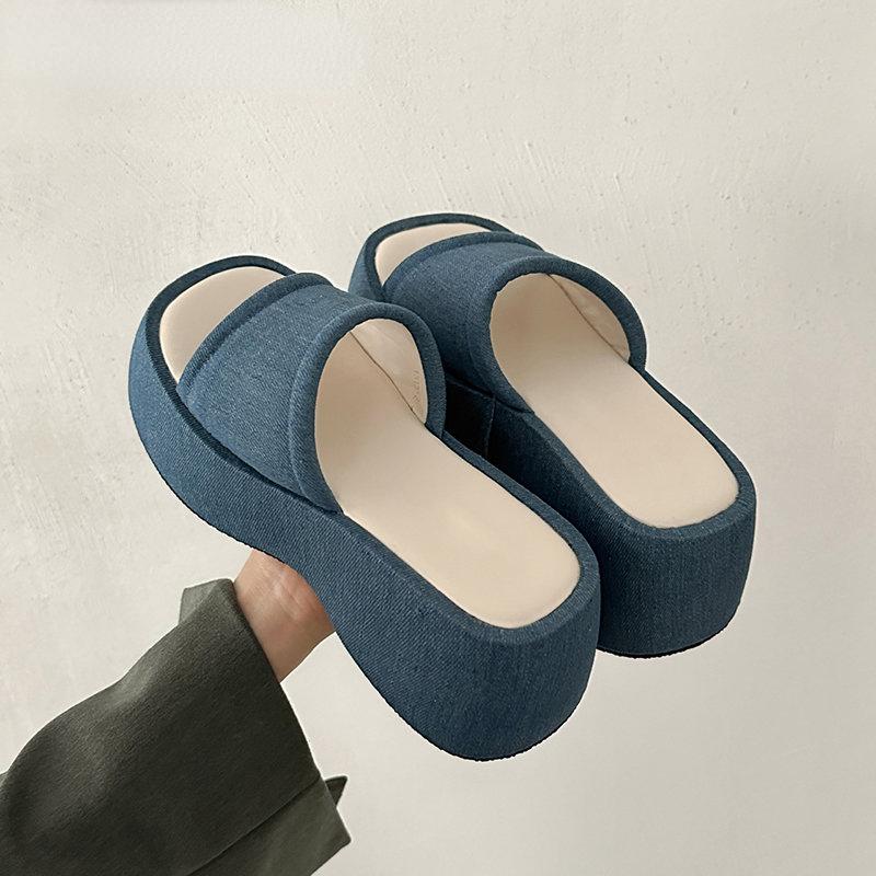Summer Denim Blue Slippers Fashion Open Toe Women Slides Ladies Comfort Thick Sole Wedges Beach Vacation Sandalias Flip Flop