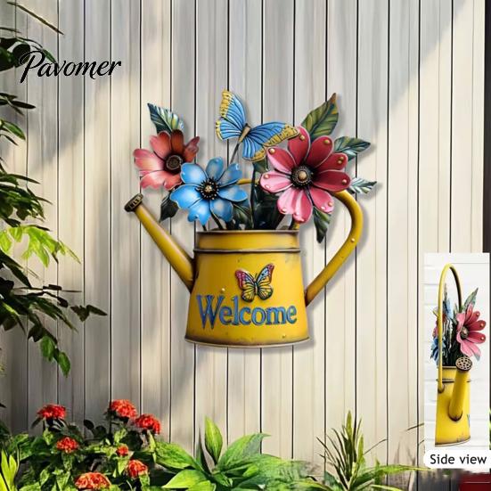Three Dimensional Wall Ornaments Rustic Metal Watering Can Art, Flower Butterfly Welcome Sign, Farmhouse Home Exterior Decorations Iron Hanging Decor