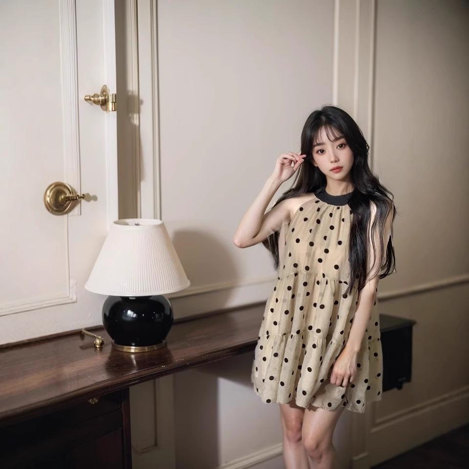 Women's Summer French Tie-Neck Polka Dot Sleeveless Dress - Petite Loose Short Skirt