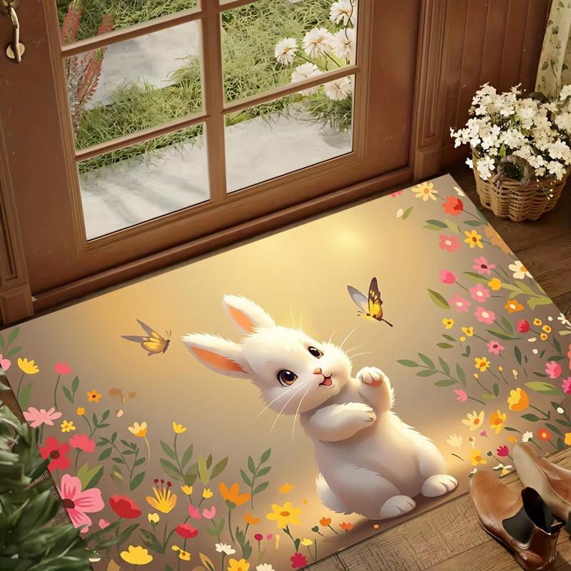 Cute Bunny Floral Area Rug Kids Room Non-Slip Washable Carpet Perfect for Nursery Playroom Bedroom & Kids Spaces Minimalist