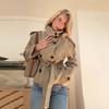 Womens Vintage Turn Down Collar Double Breasted Lace Up Long Sleeve Cropped Windbreaker Coat