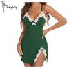 Sexy Sleepwear Women Lace Silk Satin V-Neck Nightgown Split Hem Soft Lingerie Night Dress Sleeveless Sleepwear