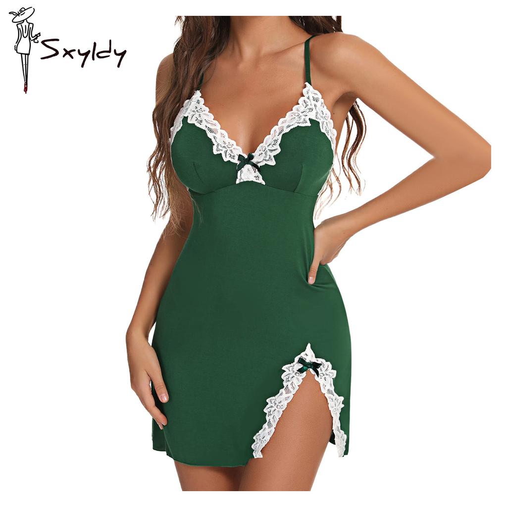 Sexy Sleepwear Women Lace Silk Satin V-Neck Nightgown Split Hem Soft Lingerie Night Dress Sleeveless Sleepwear