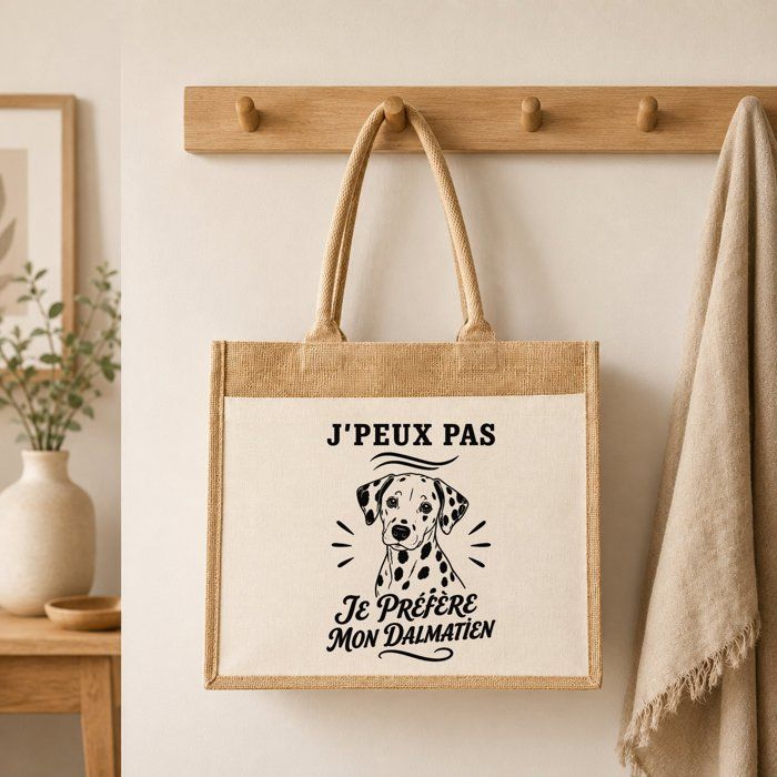 Sac cabas - PLANETEE - J'peux pas minimaliste - Motif Dalmatien - Toile de jute et coton - 21 L