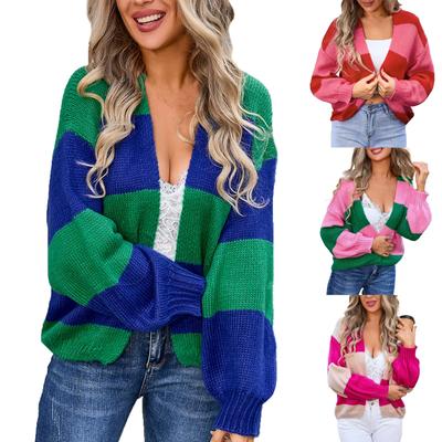 Women's Casual Fashion Comfortable Round Neck Cardigan Colorblock Long Sleeve Street Trend Knitted Sweater