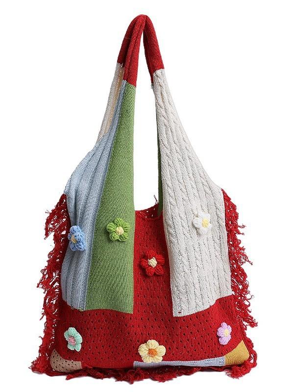 Cotton Casual Tote Bag With Contrasting Color Blocking For Daily Use