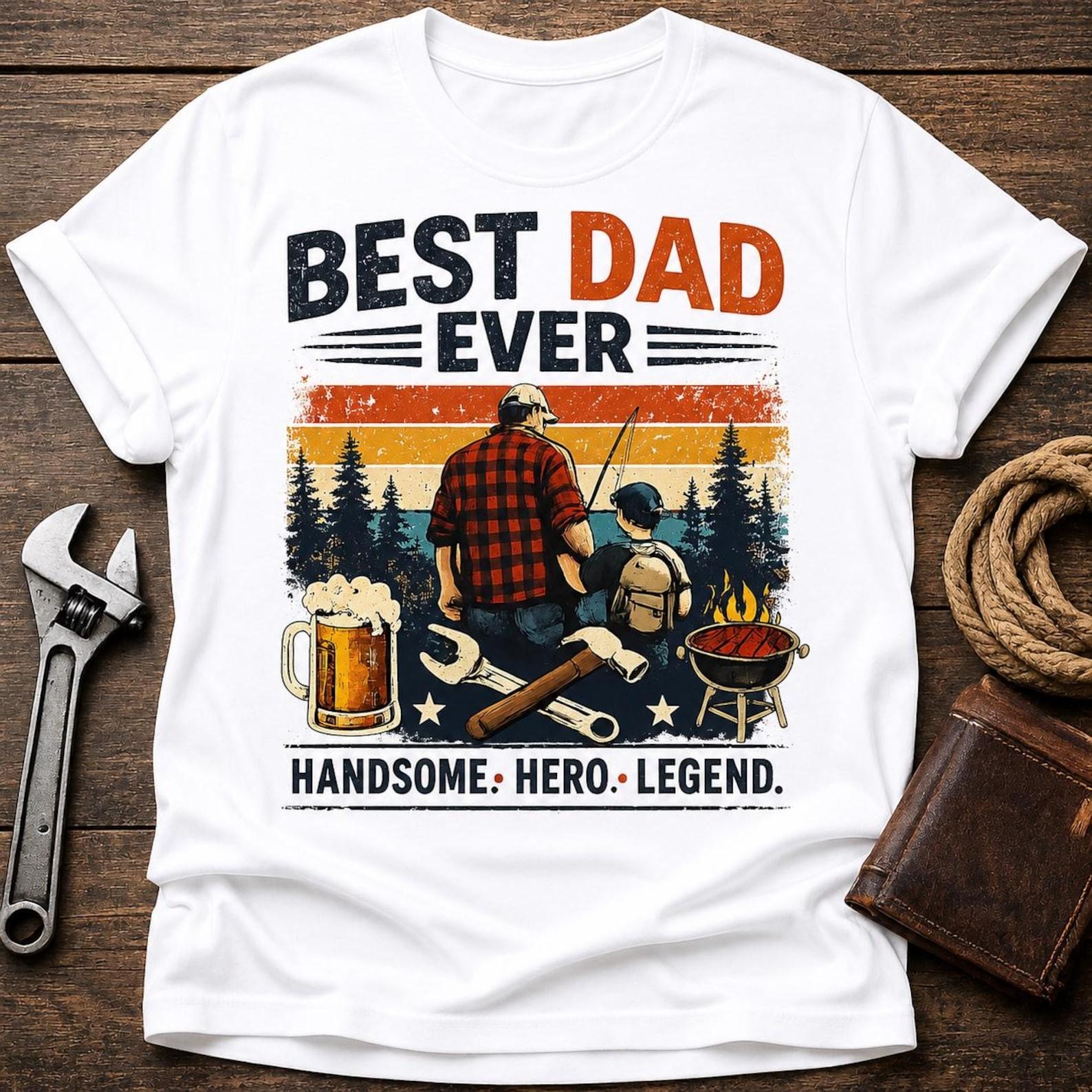 Vintage Best Dad Ever Fishing Camping Graphic Retro Outdoor T Shirt M