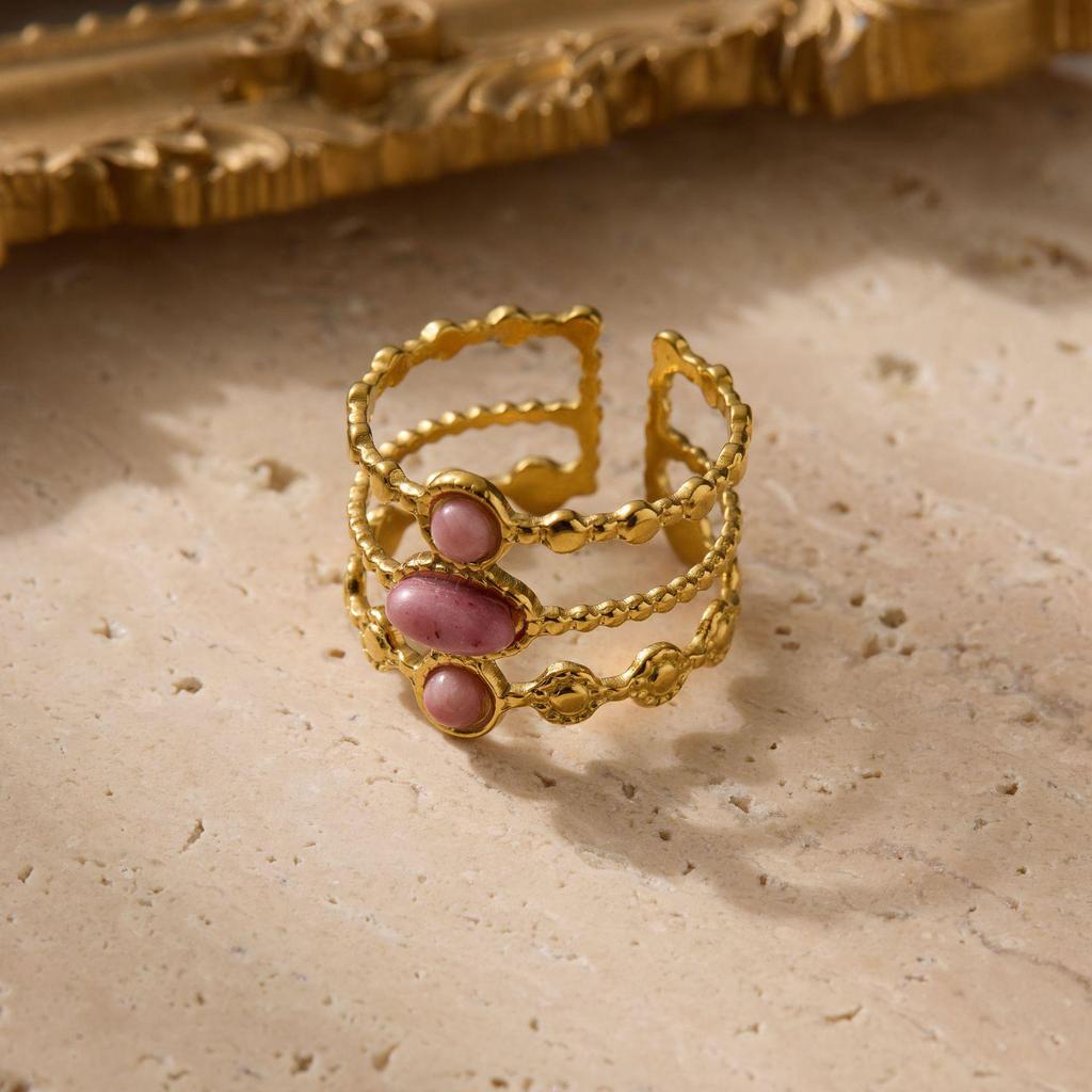 French Retro Multi-layer Zircon Ring, 18K Gold-Plated Stainless Steel