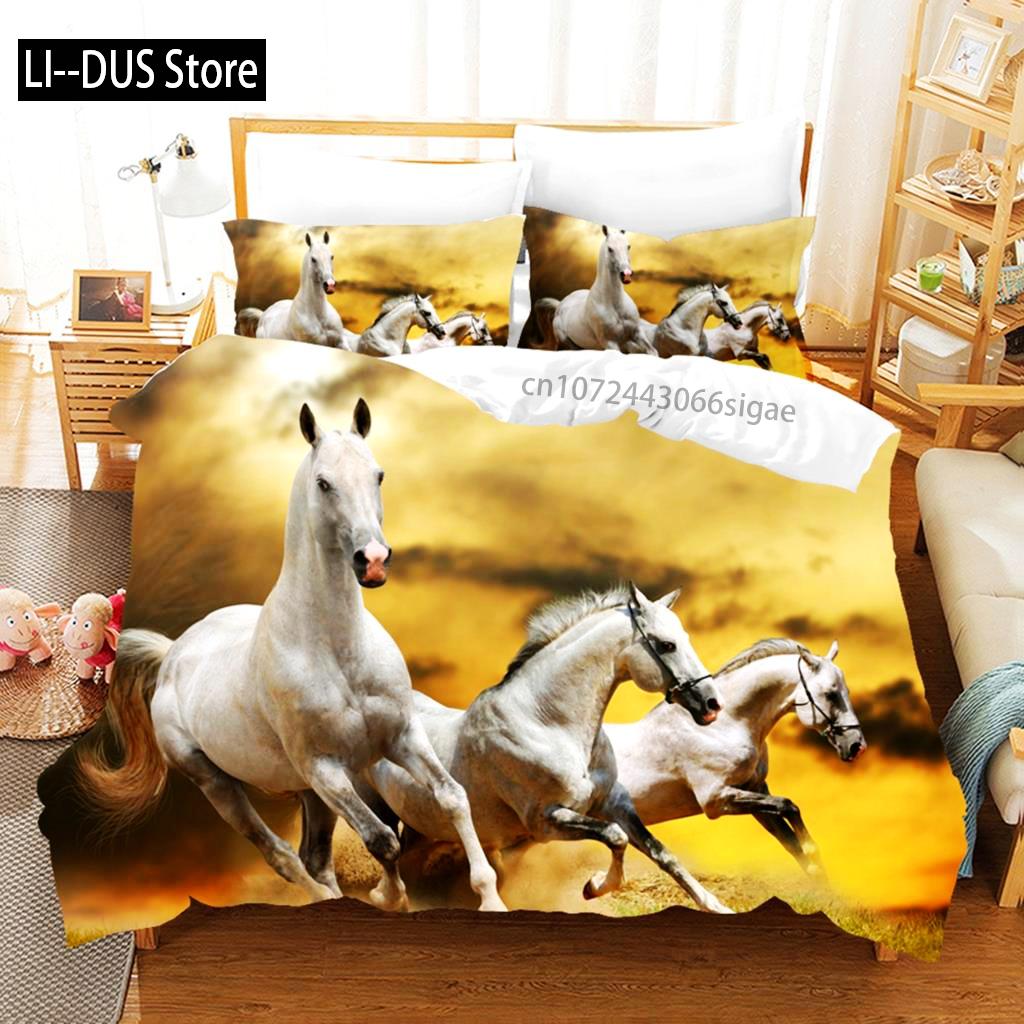 Duvet Cover Running Horse Bedding Set Animal Duvet Cover Soft Comforter Grassland Queen Size For Decor Boy Teens Adult Bedroom