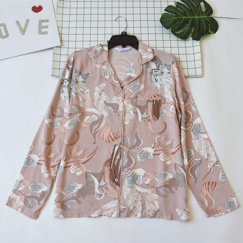 Foreign Trade Women Rayon Printing Long Sleeve Pajamas Top Summer and Autumn Thin Breathable Casual Cardigan Home Wear Can Be Worn Outside