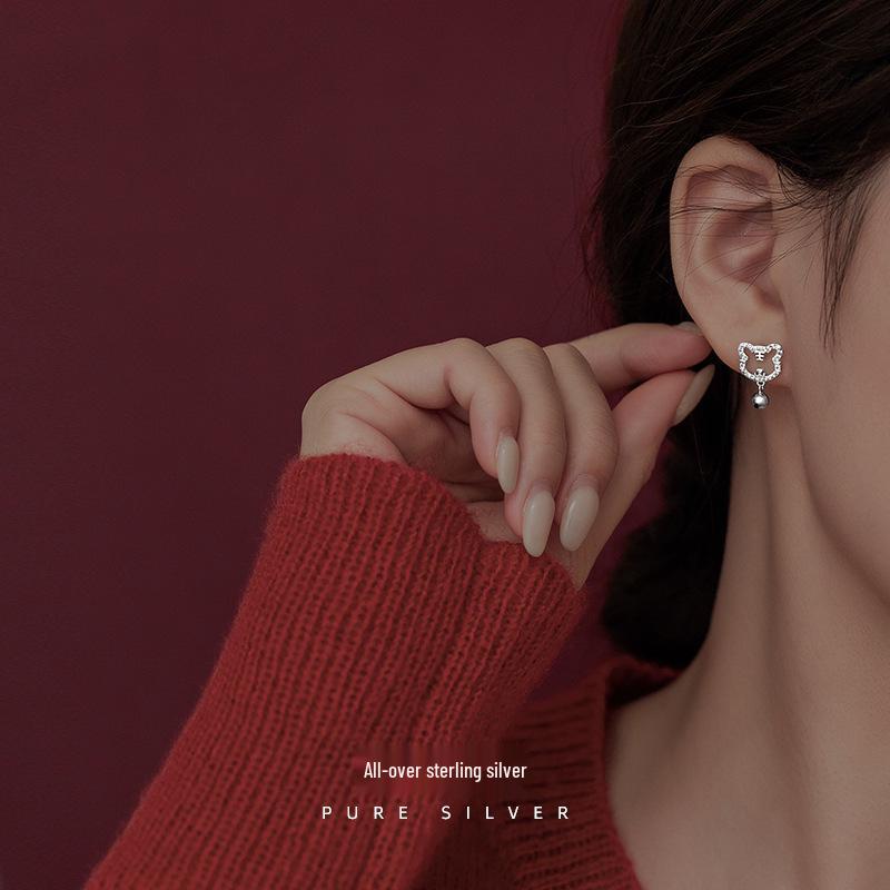 S925 Silver Zodiac Tiger Earrings for Women - Japanese and Korean Style with Bells and Diamonds