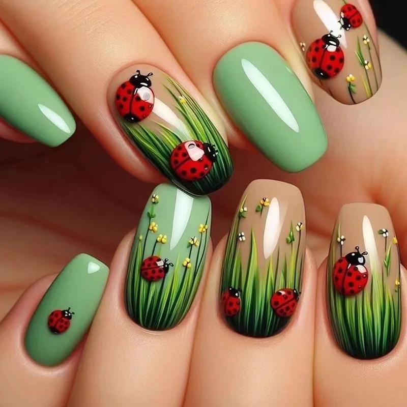 24Pcs Short Square Floral Press On Nails With Glue Shimmery Glitter French Fake Nail Tips Full Cover Manicure