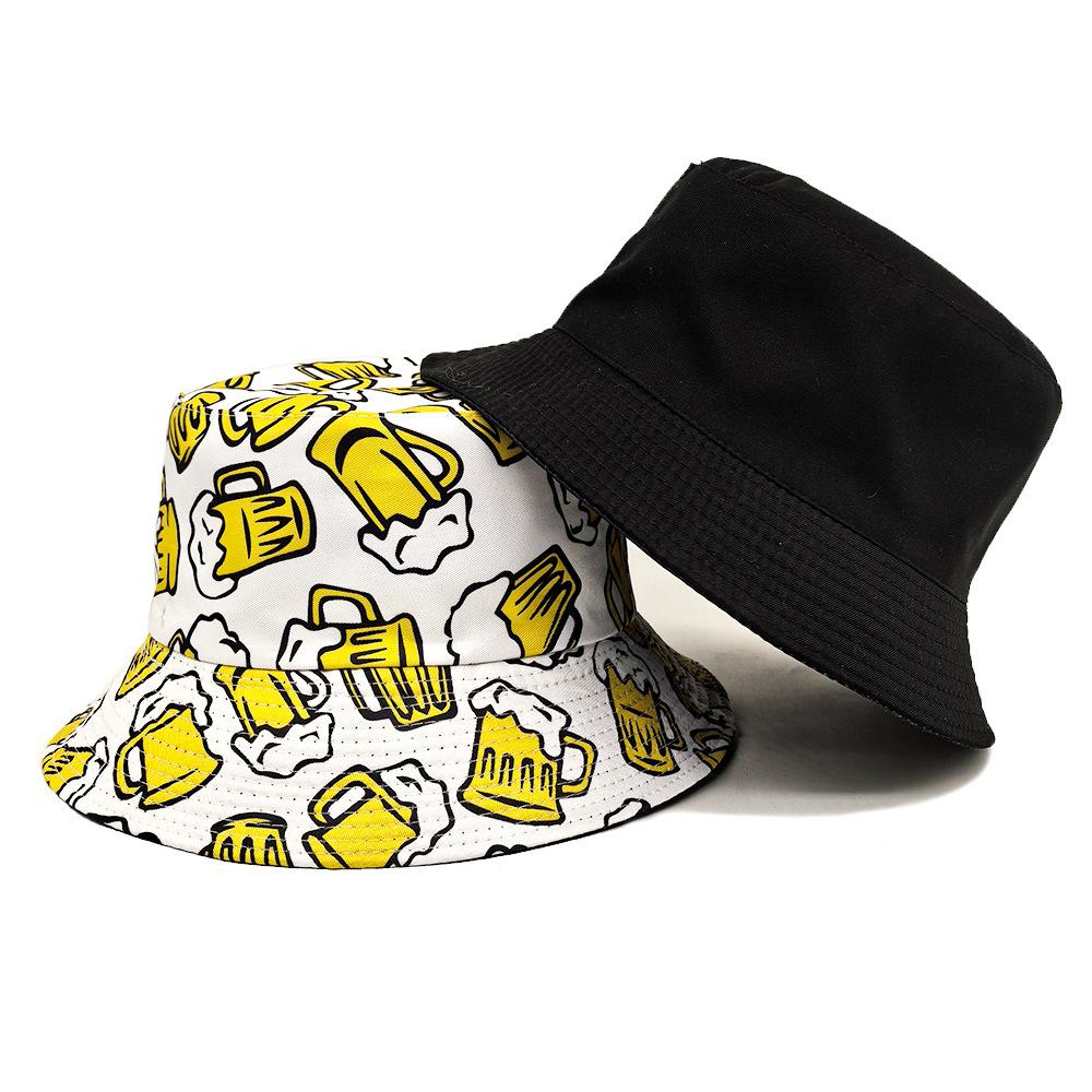 Cartoon Bier Emmerhoed Bier Print Patroon Vissershoeden Dubbelzijdig Polyester Panama Pet Unisex Buiten Strand Nieuw