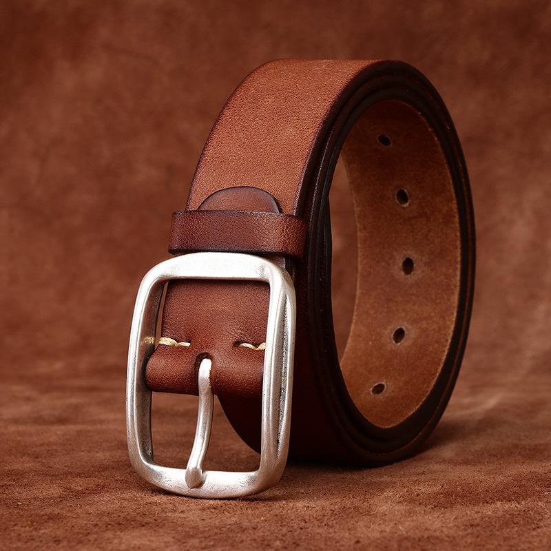 American Retro Silver-Plated Steel Buckle Belt Men'S Genuine Leather First Layer Cowhide Simple Versatile Casual Jeans Belt Men