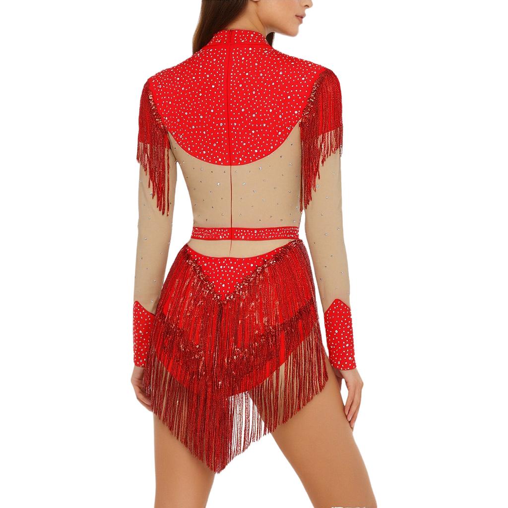 Maillot de patinage artistique pour femme à manches longues, body à paillettes et franges, entrejambe ouvrable, fermeture éclair dans le dos, combinaison de couleur contrastante avec strass