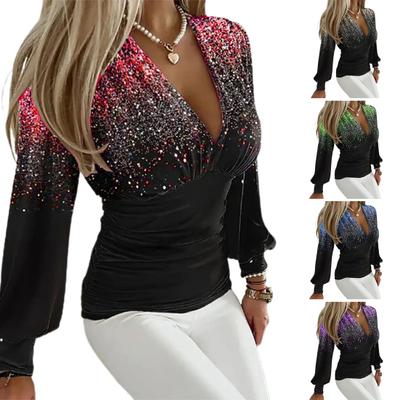 Sexy Tiefem V-ausschnitt Tops Farbverlauf Strass Bluse Plissee Taille Enges Hemd Langarm Büro Dame Slim Fit Tops