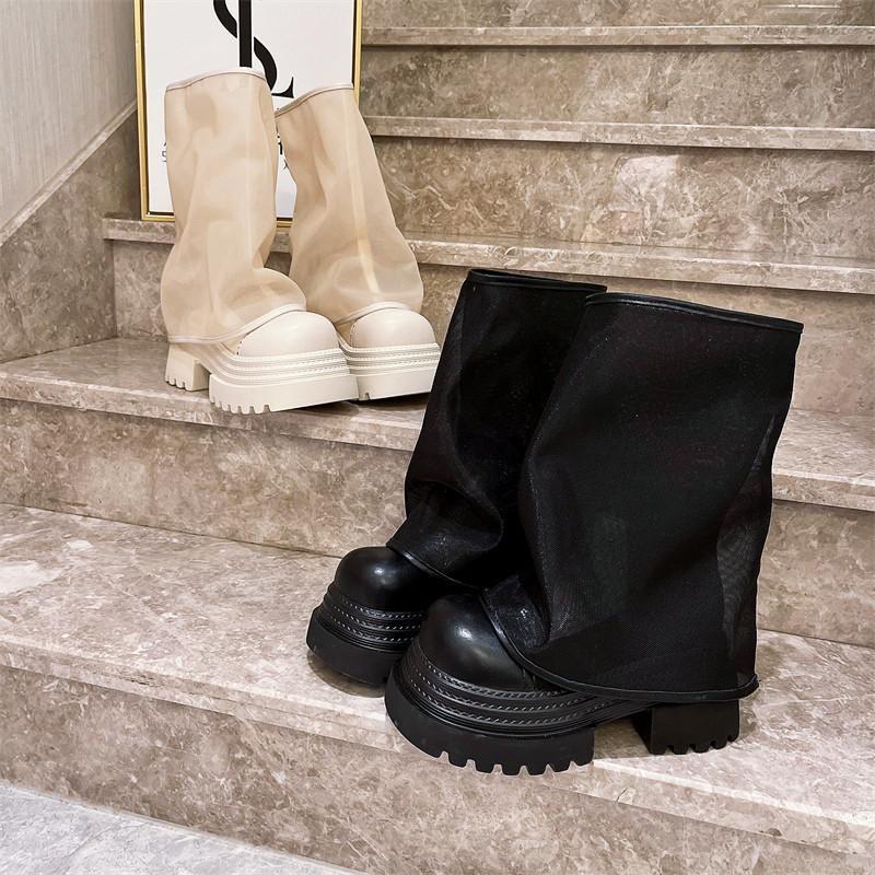 Fashion Four Seasons Mid-calf Boots Women Fashion Round Head Deep Mouth Waterproof Platform Anti-slip Wear-resistant Single Boots