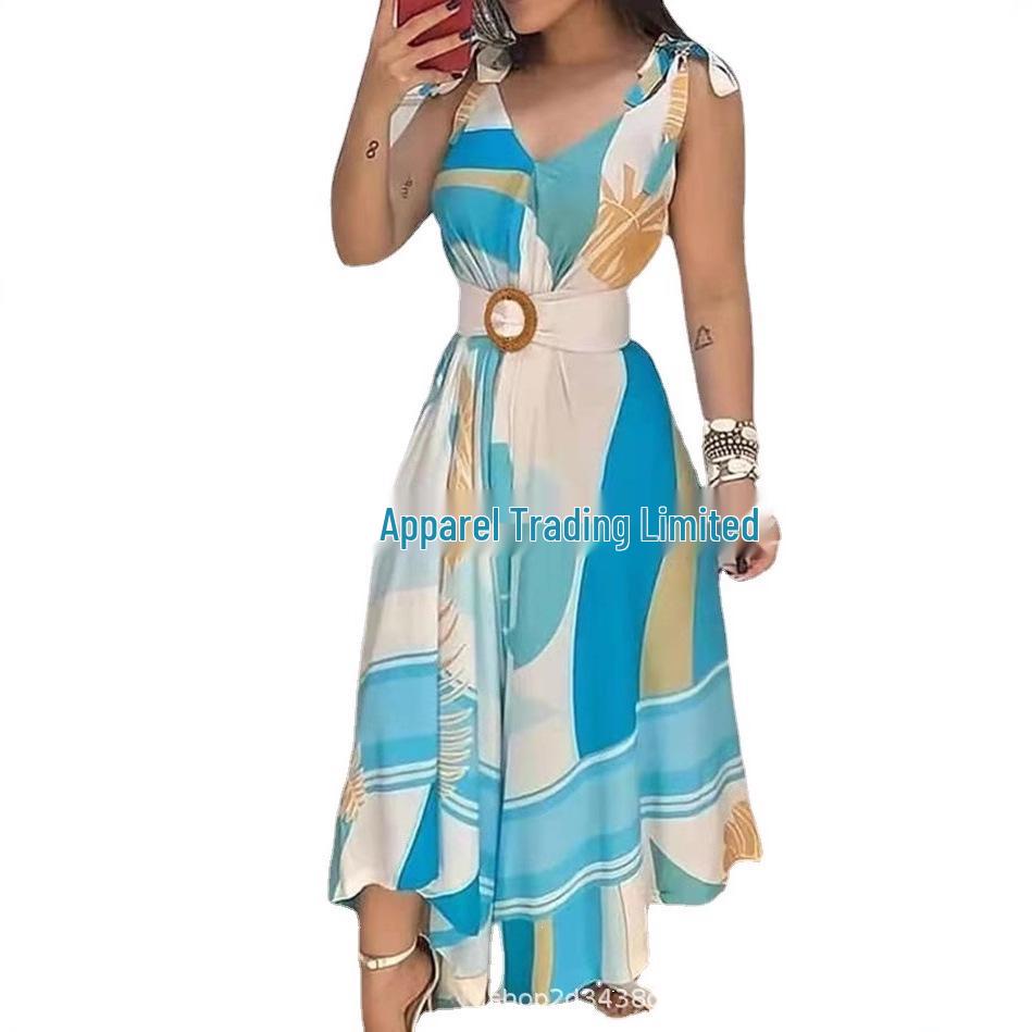 

Blue Irregular Print Lace-up Dress with Belt for Women Small