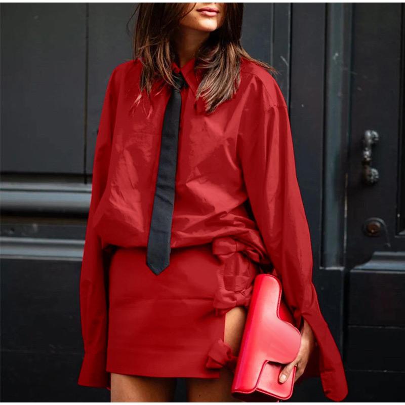 Women 2 Piece Set Elegant Laple Tie Oversize Full Sleeve Shirts High Waist Tie Bow Mini Skirt Lady Outfits 2025 Lady Streetwears