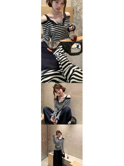 Korean Sweet & Spicy Striped Off-Shoulder Long Sleeve Top - Women's Autumn Design