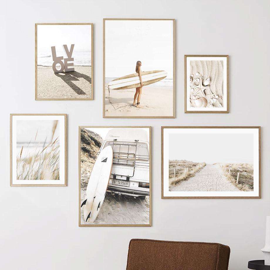 Beach Surfboard Starfish Reeds Summer Surf Landscape Beige Posters Canvas Painting Wall Art Pictures For Living Room Decor