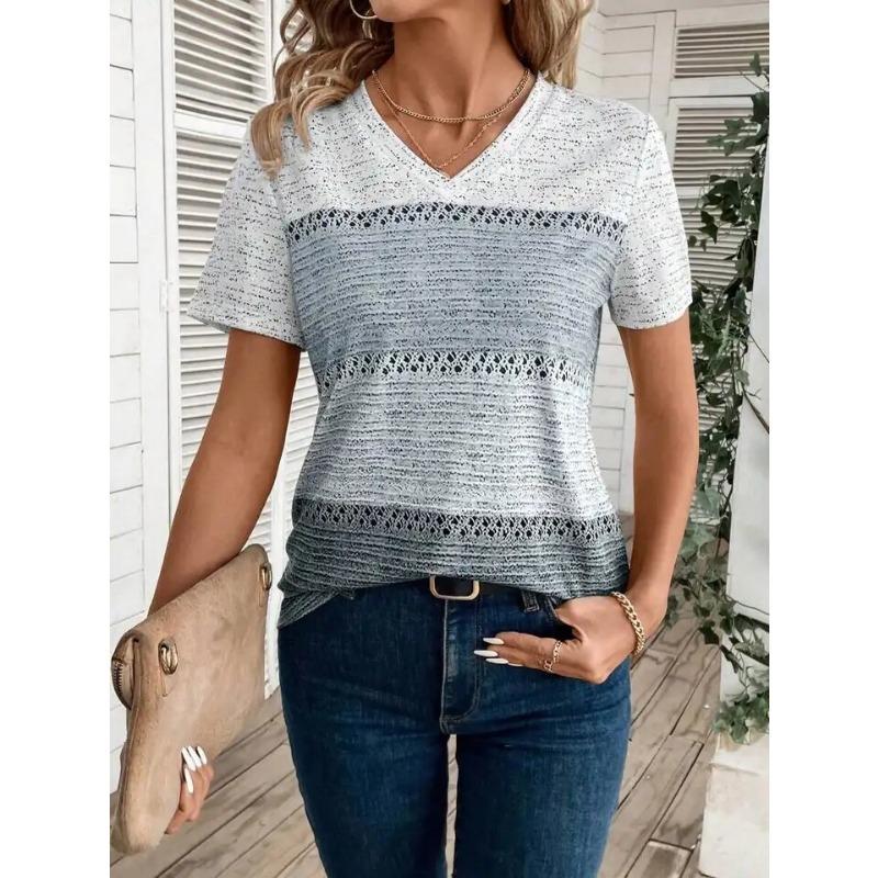 Summer Women Short Sleeve V-Neck Plus Size T Shirt For Women Fashion Ladies T-Shirt  Retro Striped Print Tops Casual Clothes