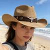 Vintage Westernstroh-Cowboyhut Unisex mit Gürtelschnallen-Dekoration Geeignet für Outdoor-Strandurlaub Breiter Rand Sonnenschutzhut Urlaubsgeschenk
