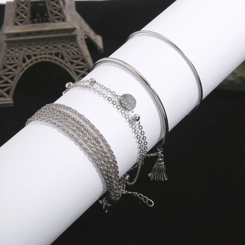 Simple Silver Smooth Fringed Bracelet Multi-Layer Chain Disc 4-Piece Bracelet Set