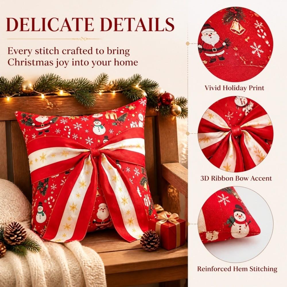 Bow Design Christmas Pillow Cover Snowflake Xmas Tree Pillowslip Sofa Pillow Cover  Holiday Cushion