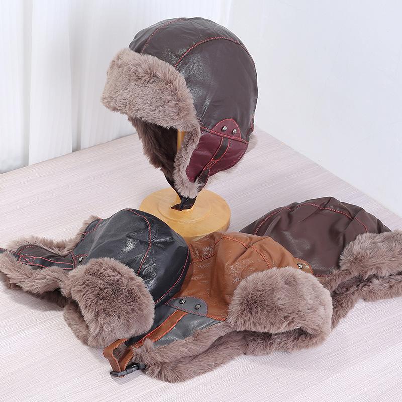 Retro pilot hat men's and women's winter velvet PU leather warm Lei Feng hat Northeast outdoor cycling ear protection hat